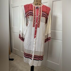 NIC+ZOE White and Red Mandarin Collar Dress with Bishop Sleeves